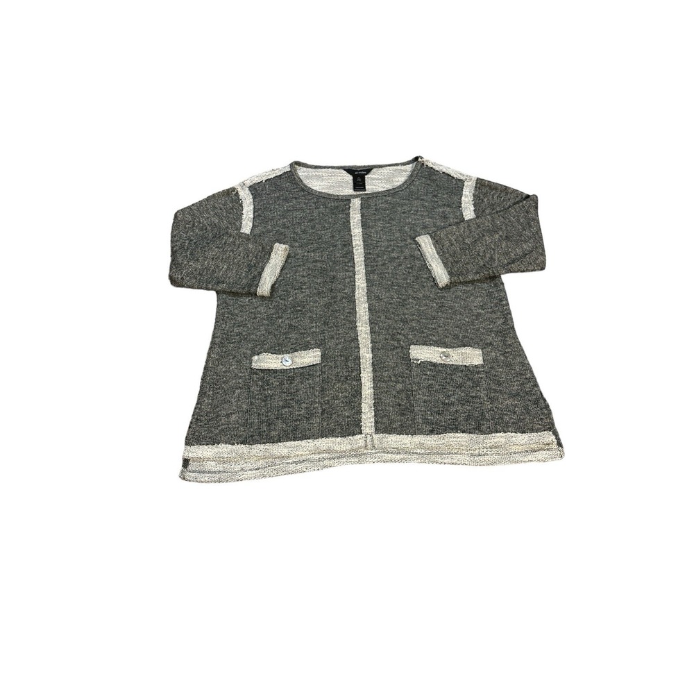 Ali Miles Grey Marled Knit Tunic Top 3/4 Sleeve Raw Edge‎ Trim Petite Large PL
